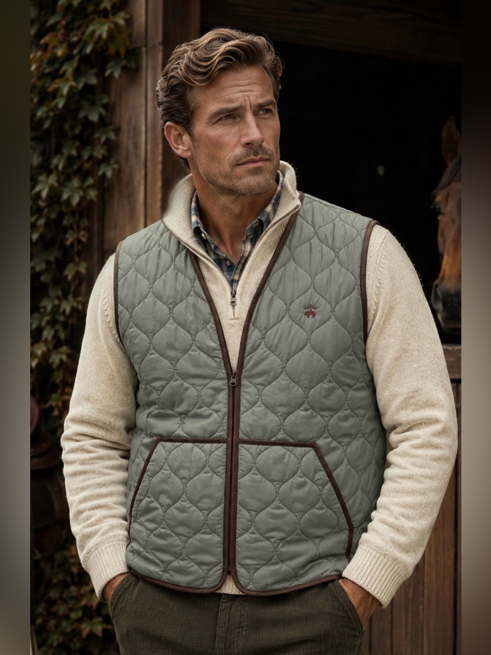 Brooks Brothers Quilted Vest Men’s Medium Sage Green Brown Trim NWT